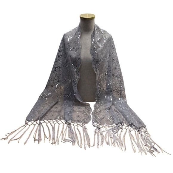 Silver Sequin Floral Lace Wrap Scarf With Fringe - Picture 1 of 4